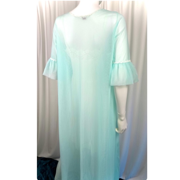 Vintage 50’s 60’s Slumber Suzy Nylon Long Bed Jacket - Robe - Mint Green - Lace - Picture 10 of 10